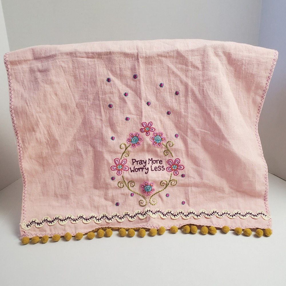 Natural Life Pray More Worry Less Pink Embroidered Pom Pom Hand Towel NWT